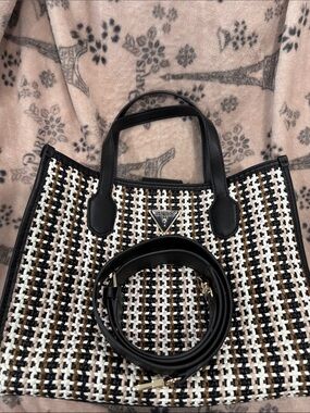 GUESS Black, White & Brown Woven Tote with Removable Strap